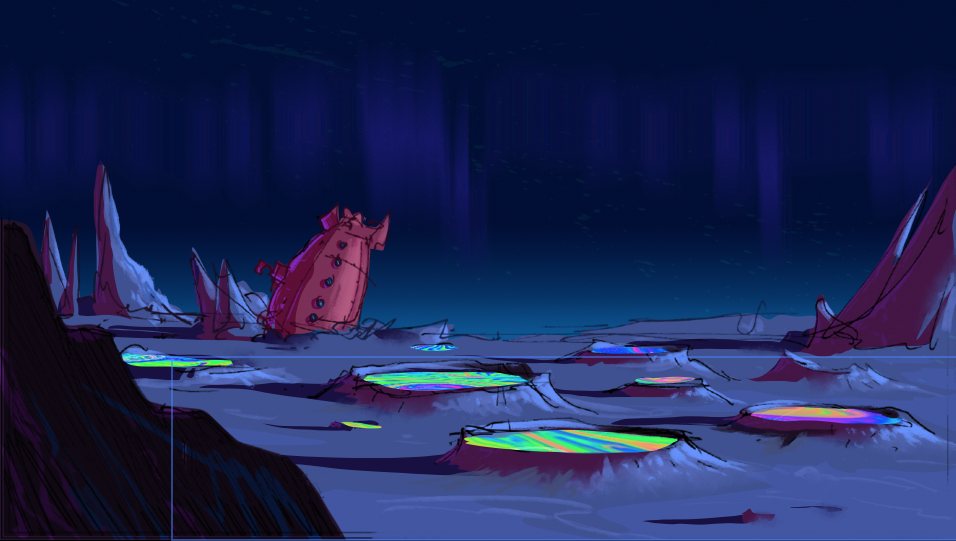 Color key: rainbow vents and a sunken ship on a blue alien seafloor
