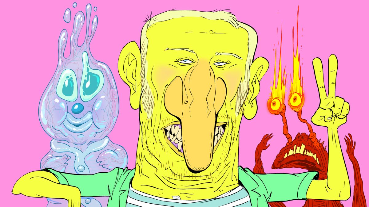 A long-nosed yellow man flashes a peace sign between a jelly ghost and a flaming-eyed monster