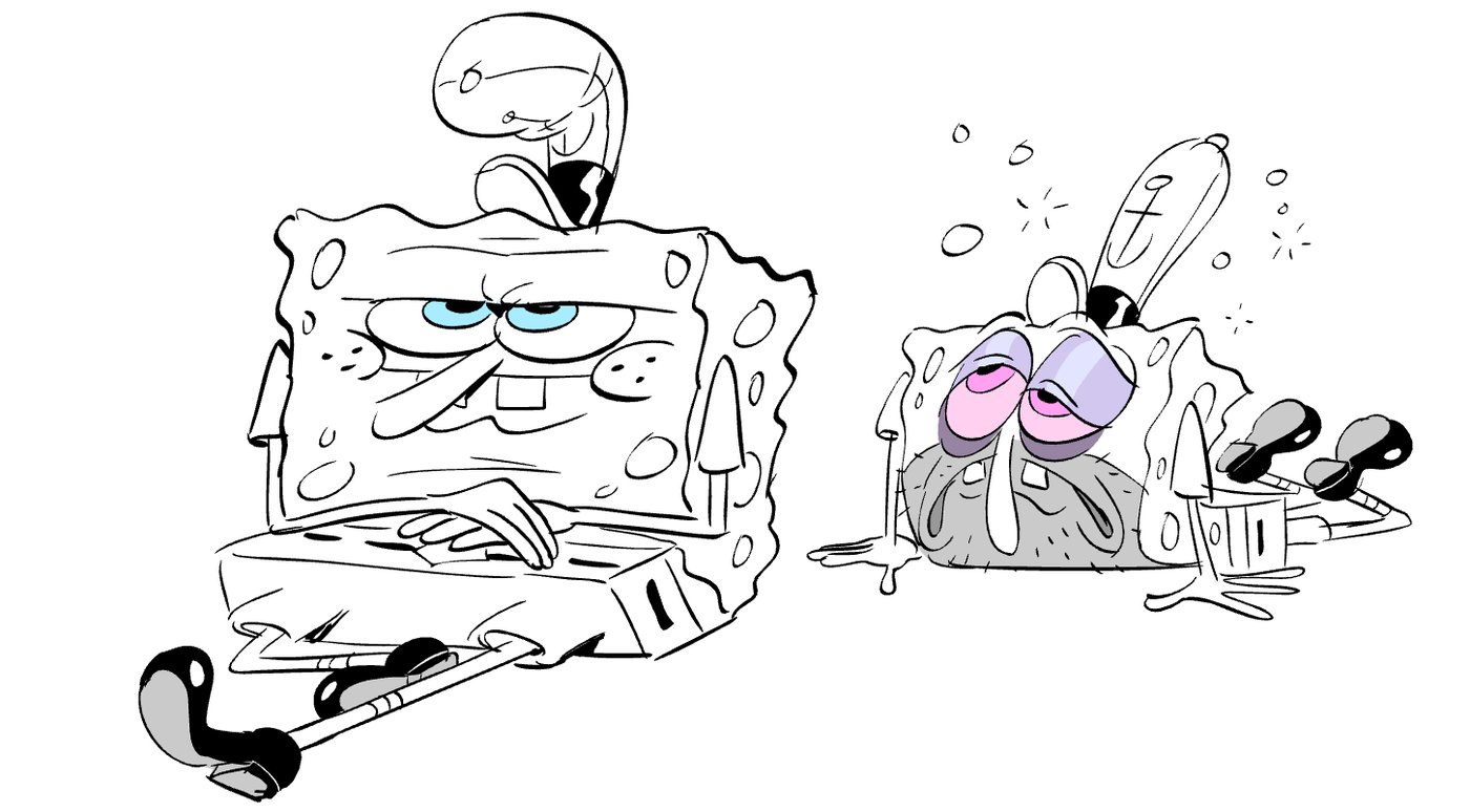 SpongeBob in a sailor hat sitting grumpy, then flopped and dazed