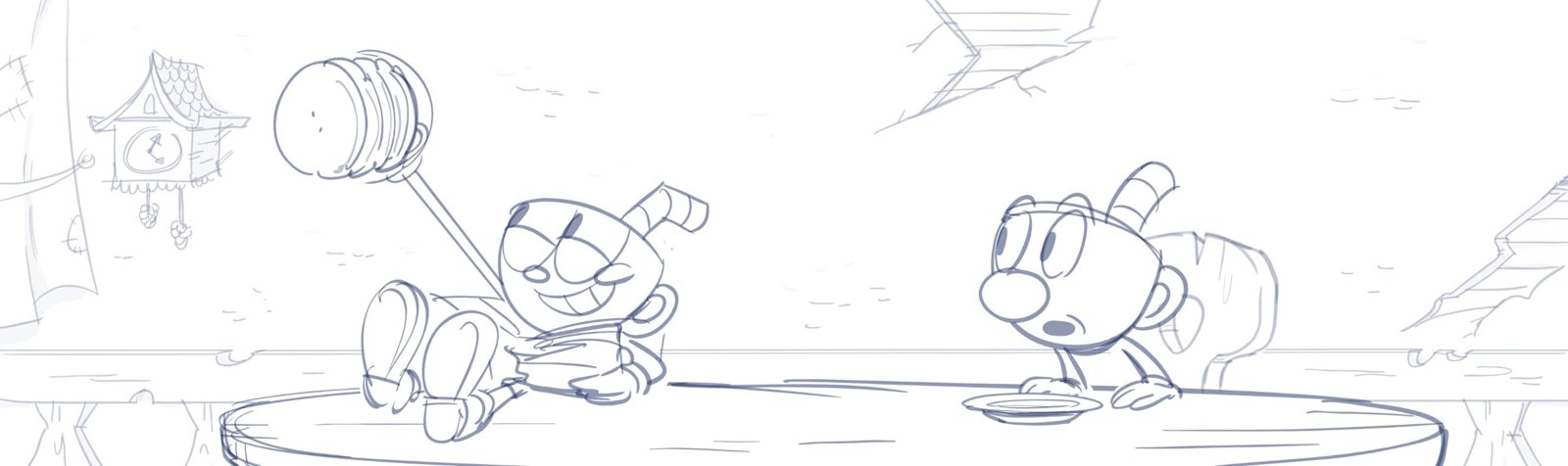 Wide panel: Cuphead leans back on the table with a lollipop while Mugman stares at his empty plate