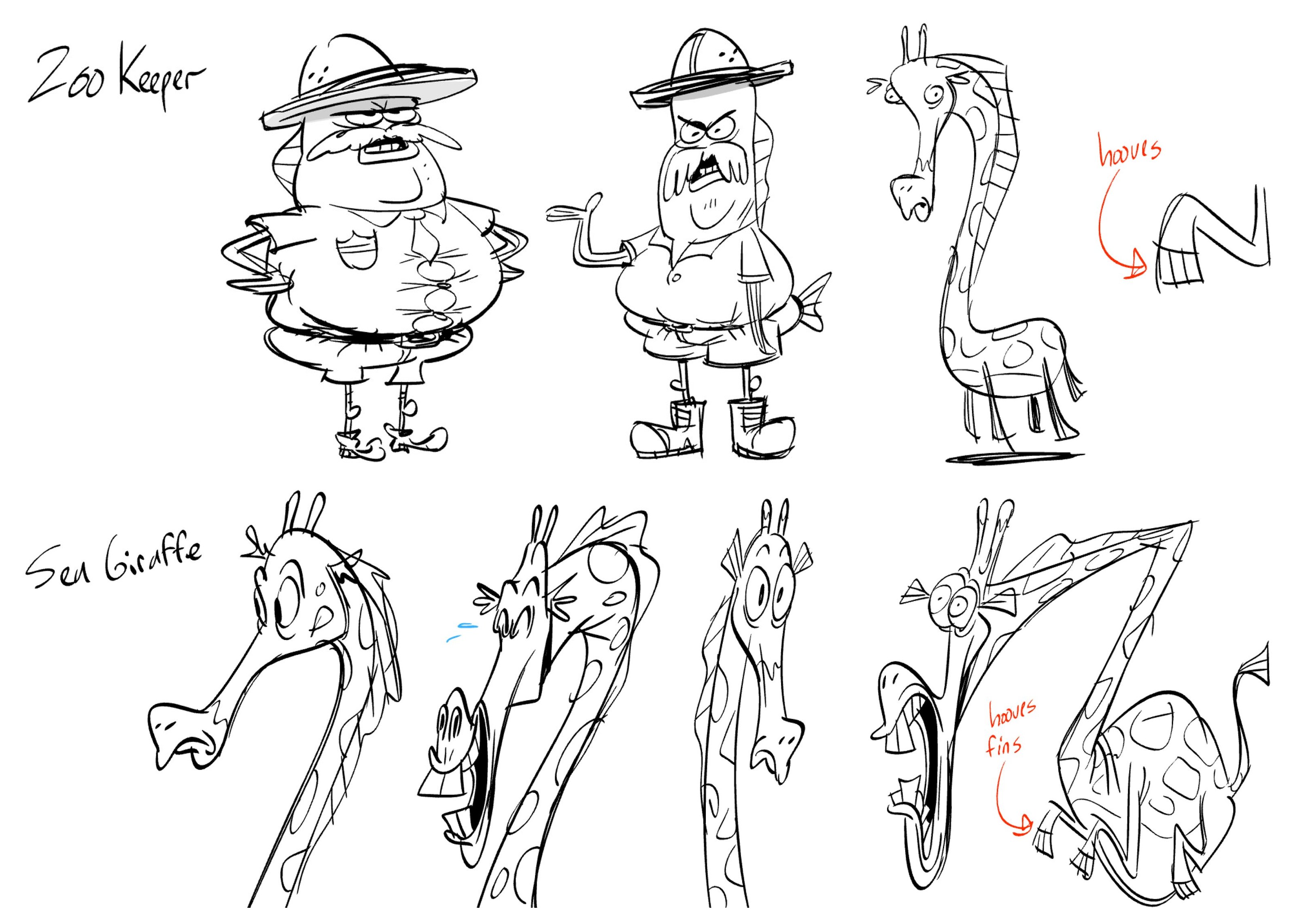 Who R Zoo designs: the zookeeper, sea giraffe roughs and sea giraffe poses