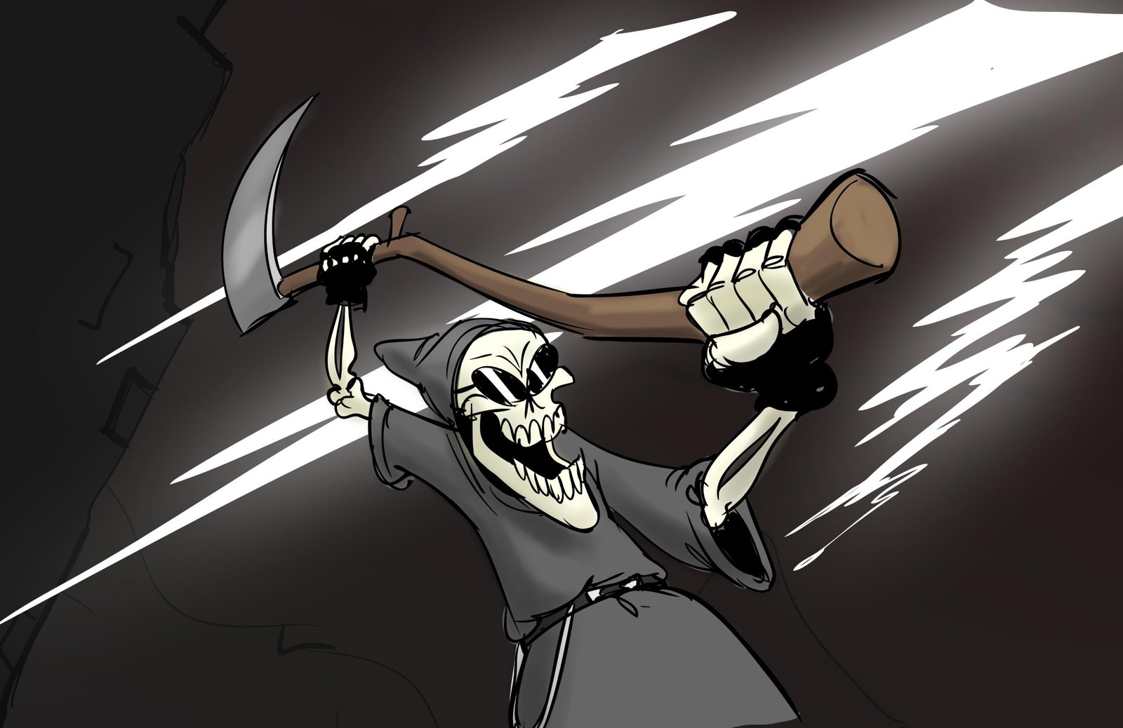 Board: a grinning reaper in sunglasses swings his scythe