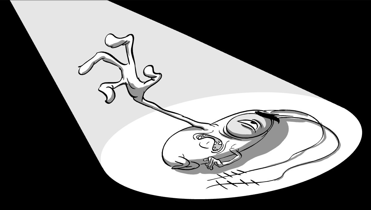 Plankton collapsed in a spotlight, legs in the air