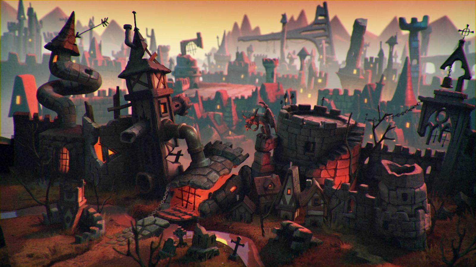 A sunset skyline of crooked towers and ruined castle walls