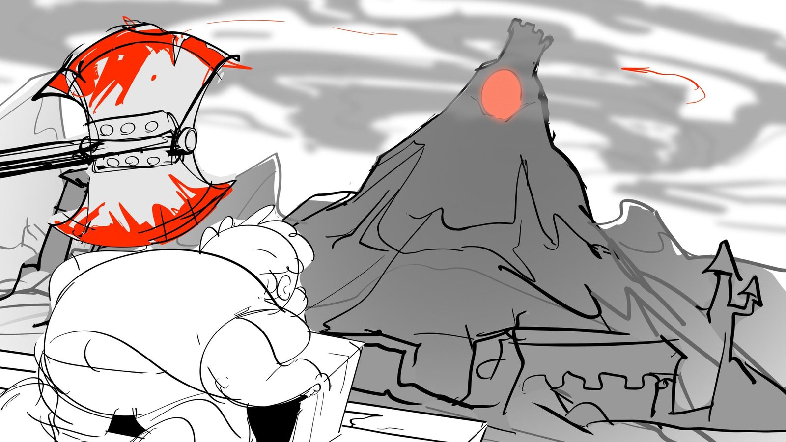 Board: an executioner’s bloody axe beside a volcano with a glowing red eye
