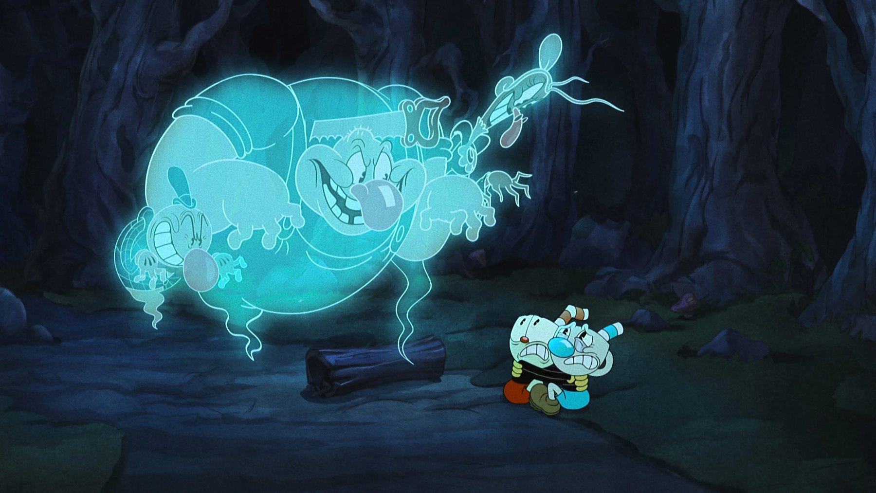 From “Ghosts Ain’t Real”: a huge glowing ghost looms over Cuphead and Mugman, hugging in terror