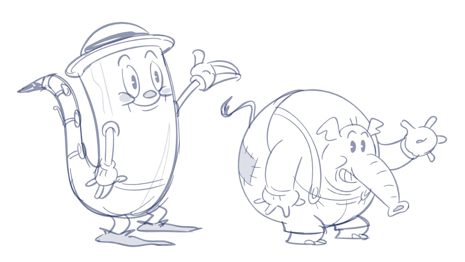 A saxophone in a straw boater and a round elephant in overalls