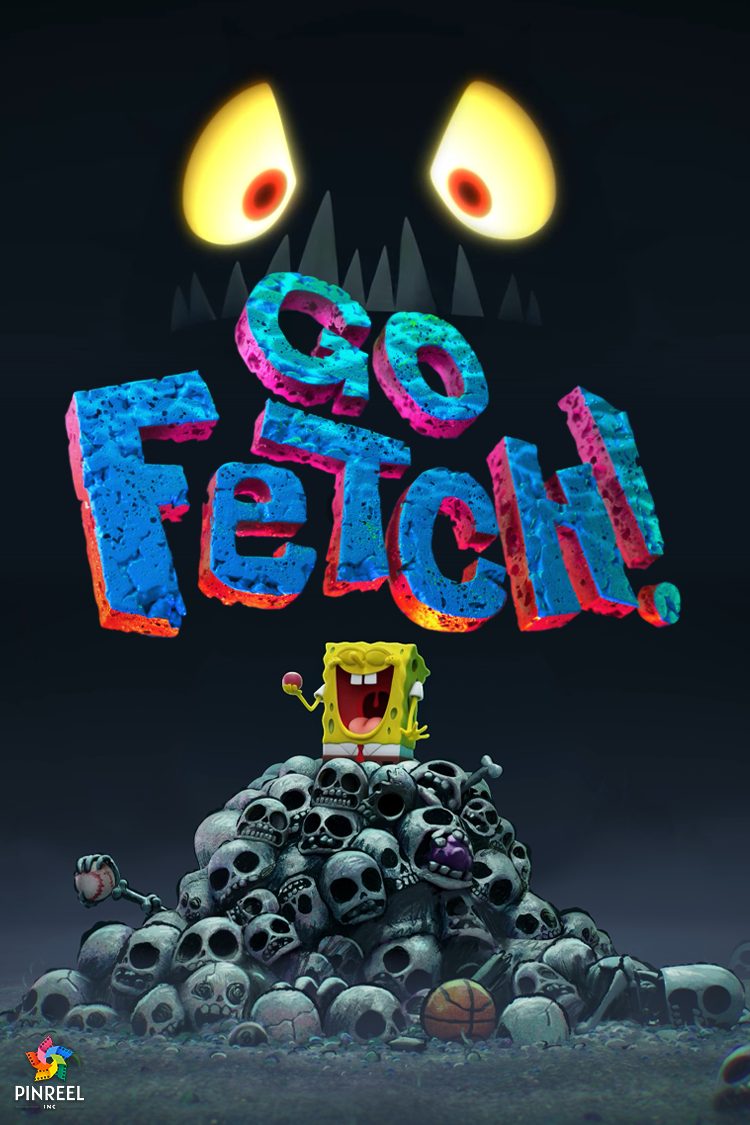 Poster: a tiny delighted SpongeBob sits on a mountain of skulls beneath huge glowing eyes