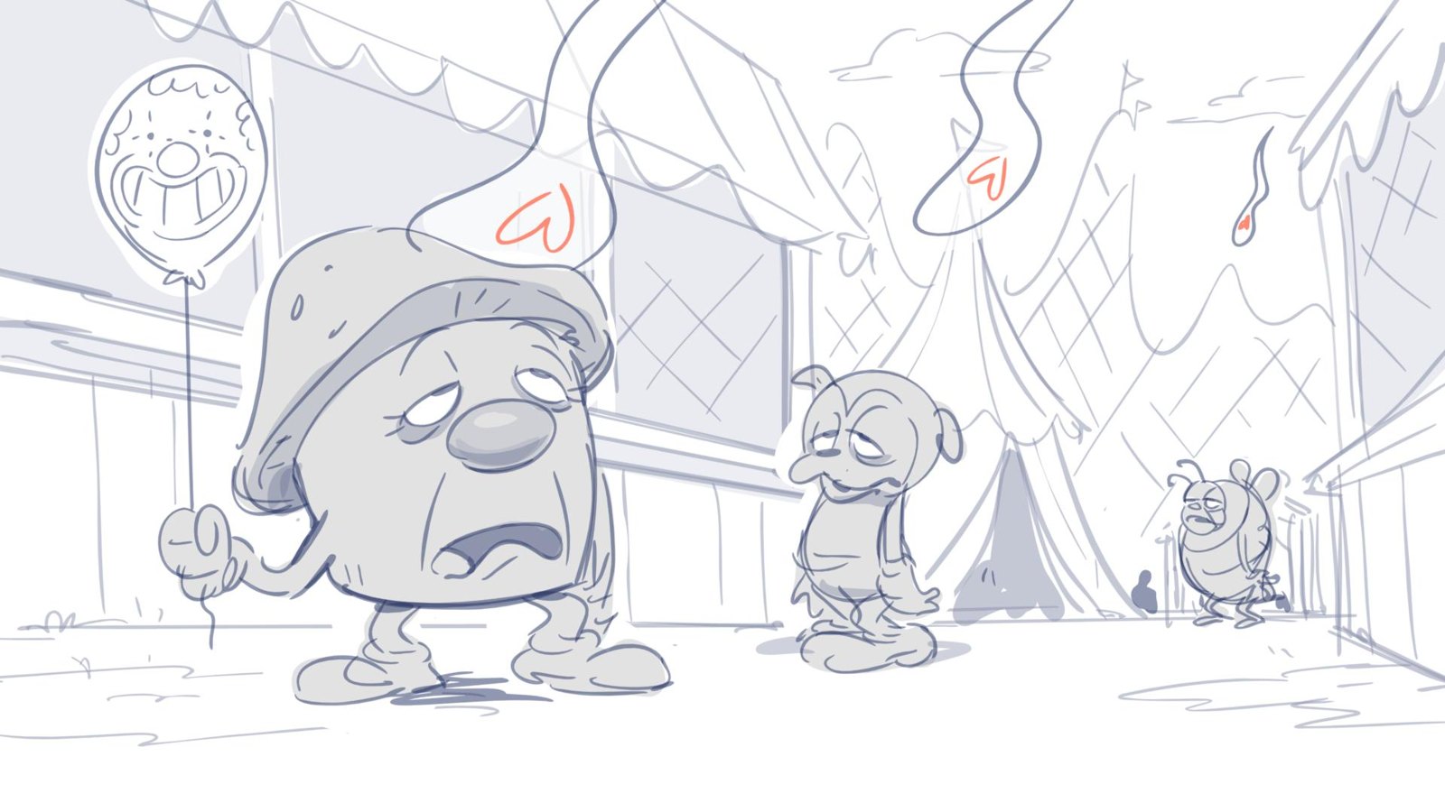 A gloomy mushroom with a clown balloon and other sad fairgoers as souls float away