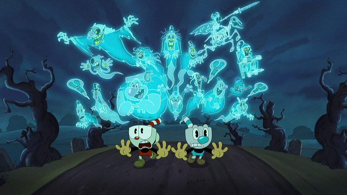 Cuphead and Mugman scream as a crowd of glowing ghosts rises behind them