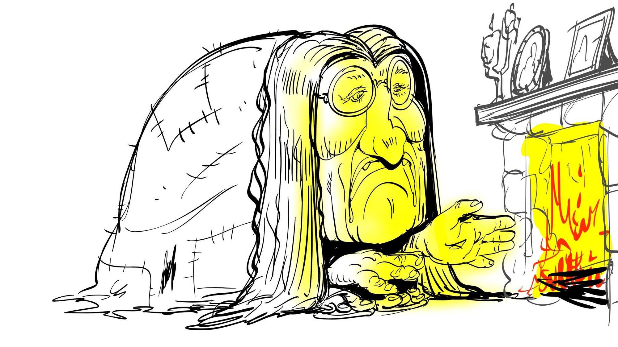 Sketch of a long-haired old man in round glasses warming his hands at a glowing fireplace