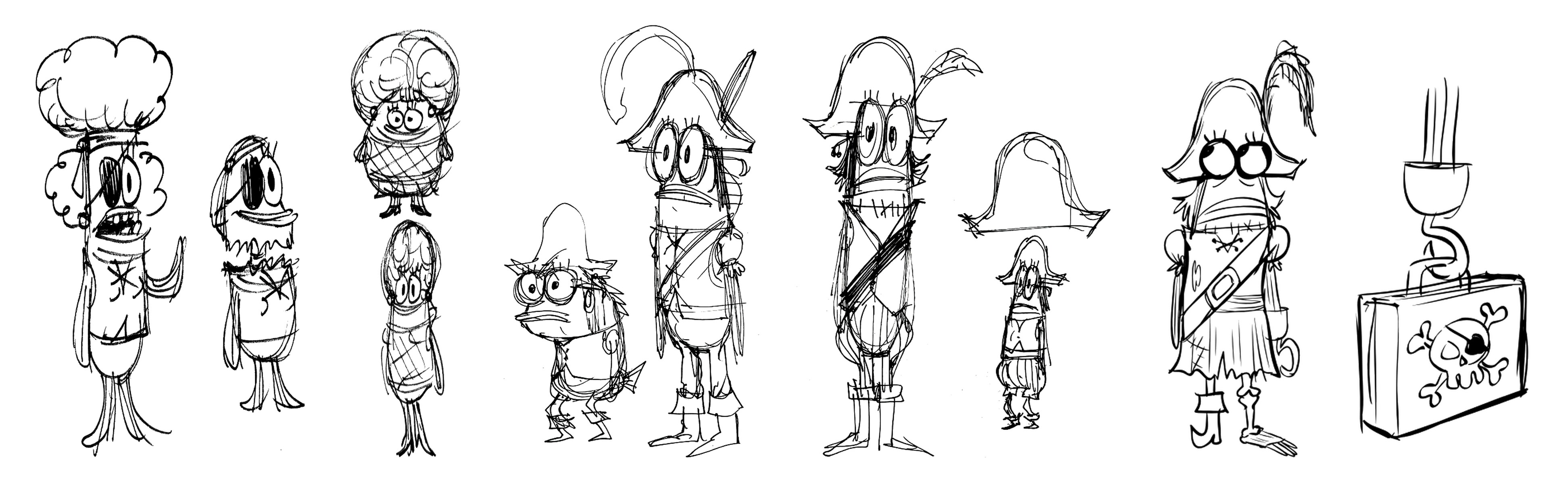 Barb’s development in rough pen sketches, from a fish with a giant curly bun to her final pirate look with tricorn hat, glasses and a hook-carried suitcase