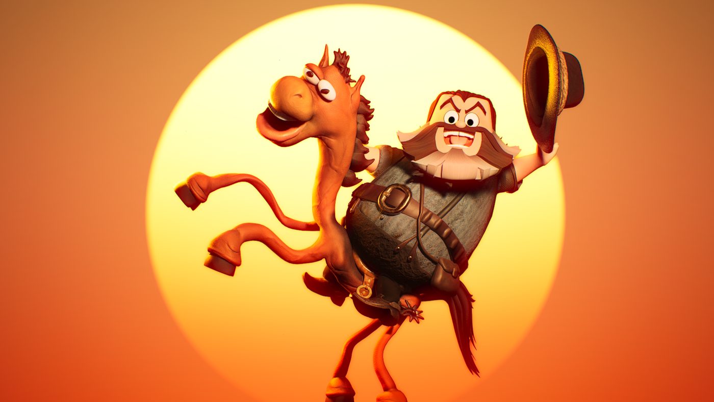 Jack tips his hat on a galloping camel against a giant orange sun