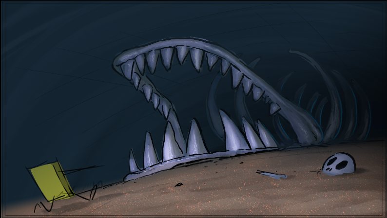Color key: a giant fish skeleton's jaws over a fleeing SpongeBob