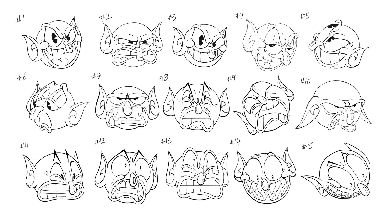 Devil expression sheet, numbers 1 to 15