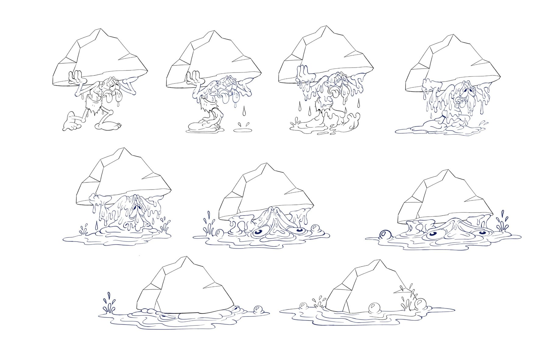 Nine-step layout of a figure melting into a puddle under a boulder