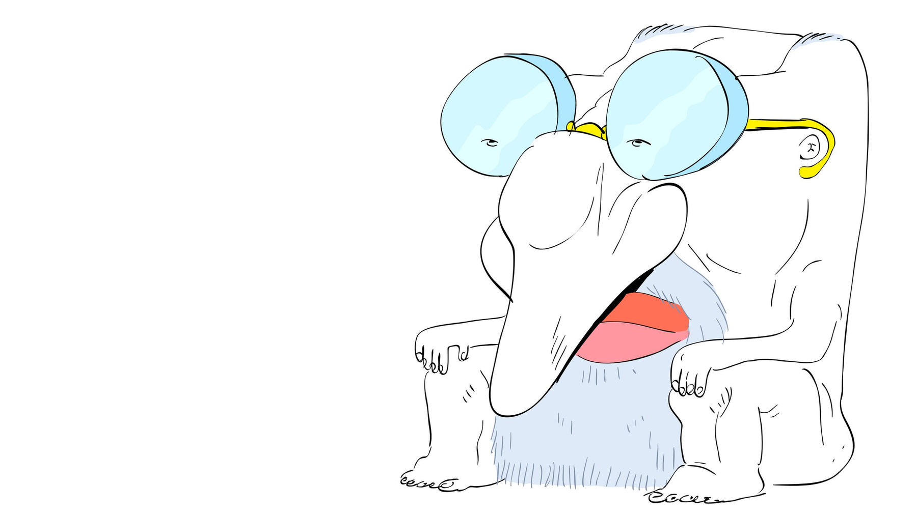 Line drawing of a long-nosed creature in big round glasses slumped in an armchair