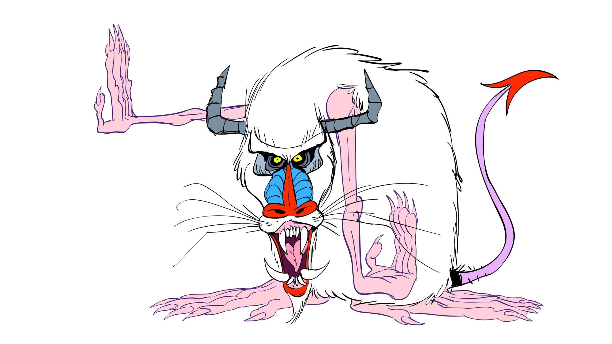 A white horned baboon demon with a red-and-blue face, roaring on long pink limbs