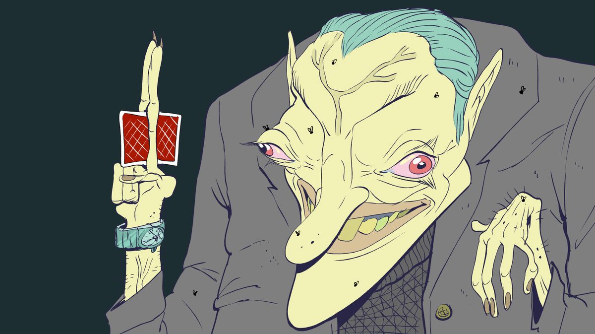 A grinning ghoul in a grey suit holds up a playing card, flies buzzing around his face