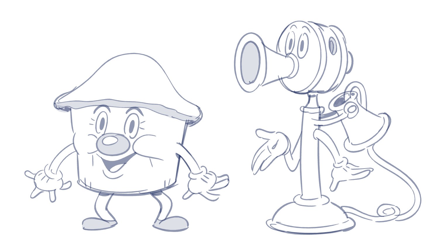 A mushroom and a candlestick telephone, both with gloved hands