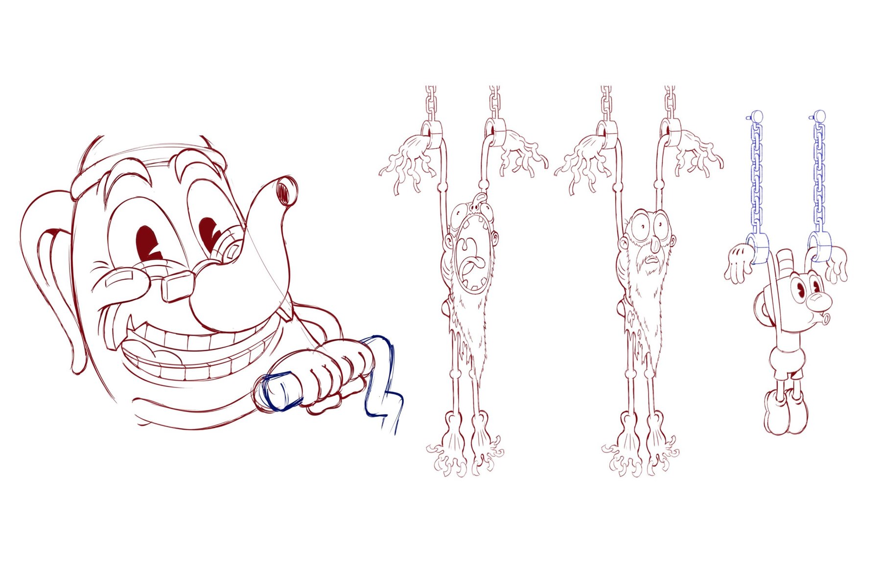 Elder Kettle grinning, and a chained prisoner and Mugman hanging from shackles