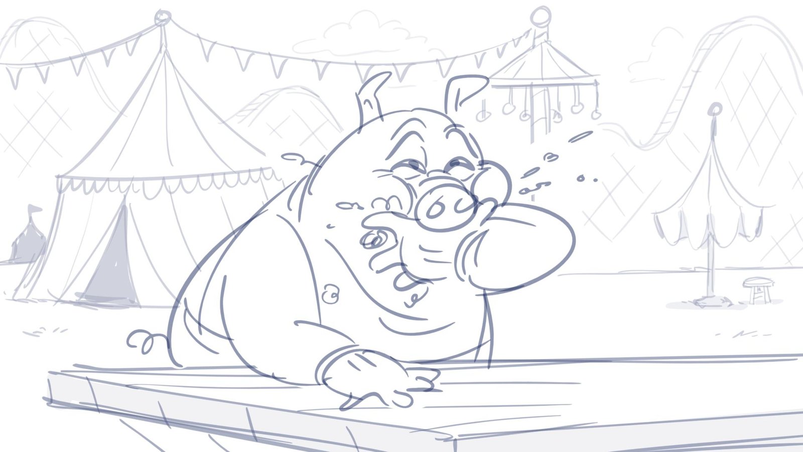 The pig stifles a burp as the fairground spins behind him