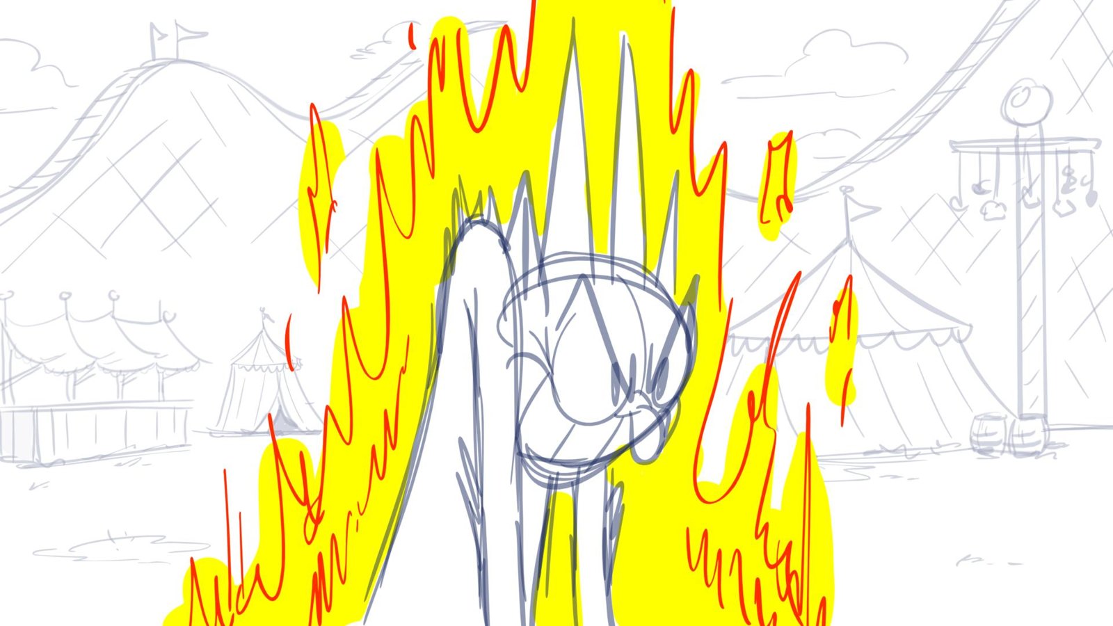 The Devil glowers inside a column of yellow and red flame