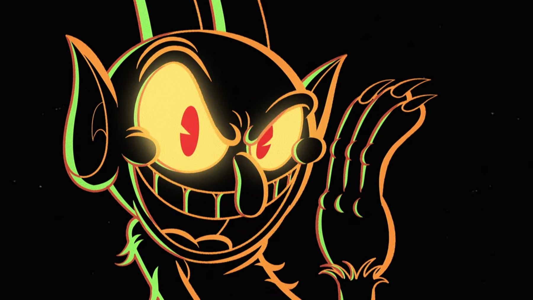 The Devil drawn in glowing orange and green outlines on black