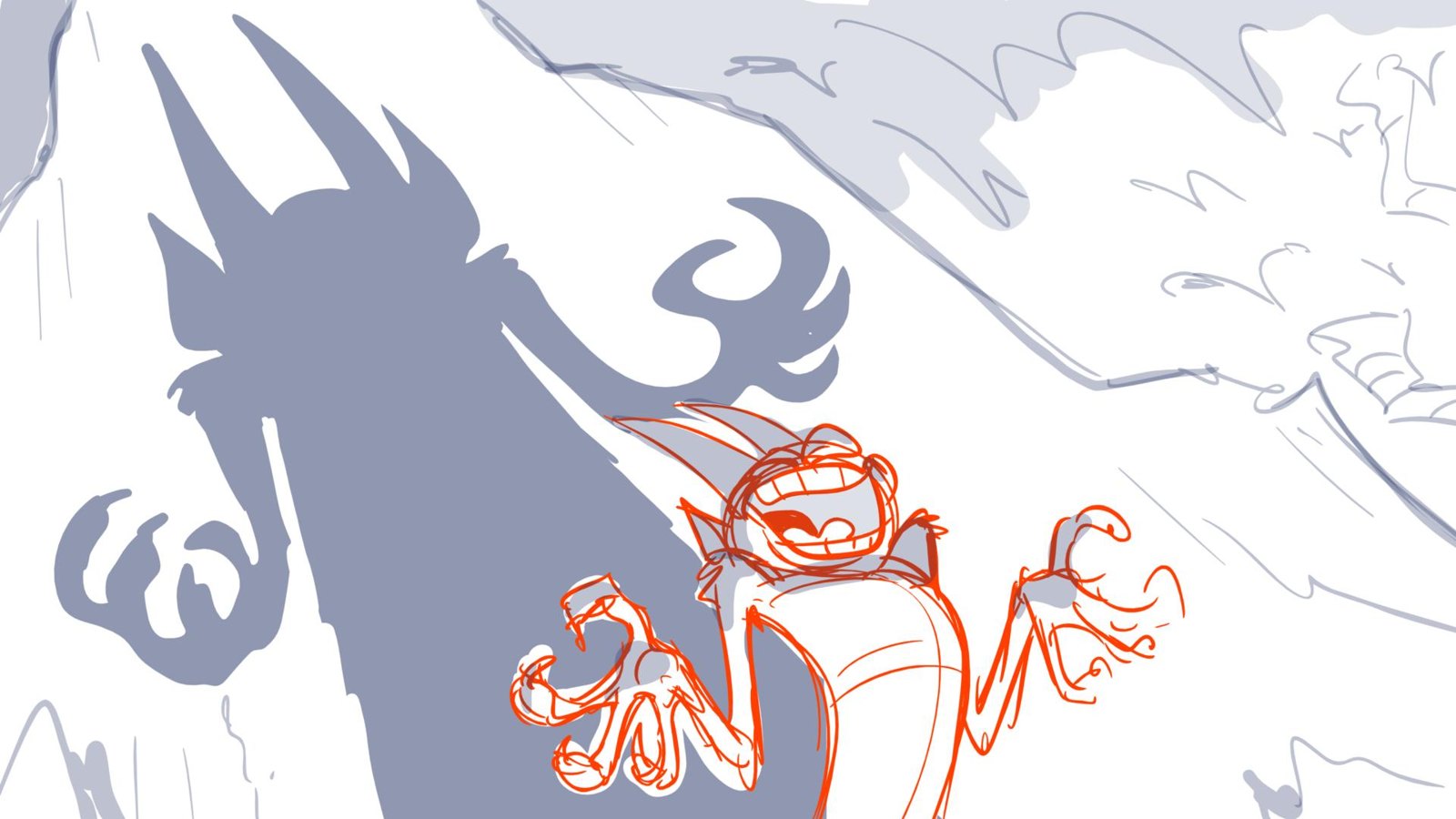 The Devil cackles, his huge shadow thrown on the cave wall