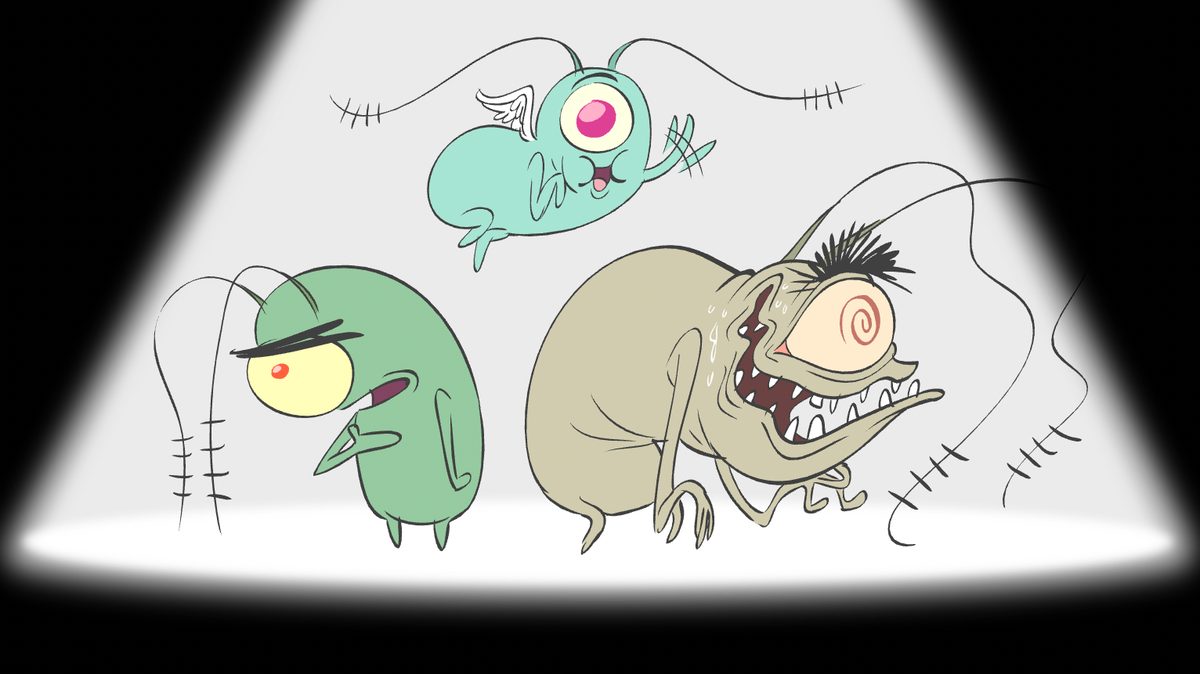 Plankton three ways under a spotlight, from cherub to monstrous