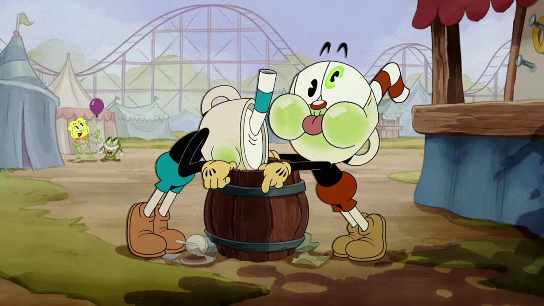 Cuphead and Mugman, green-faced, lean over a barrel at the carnival