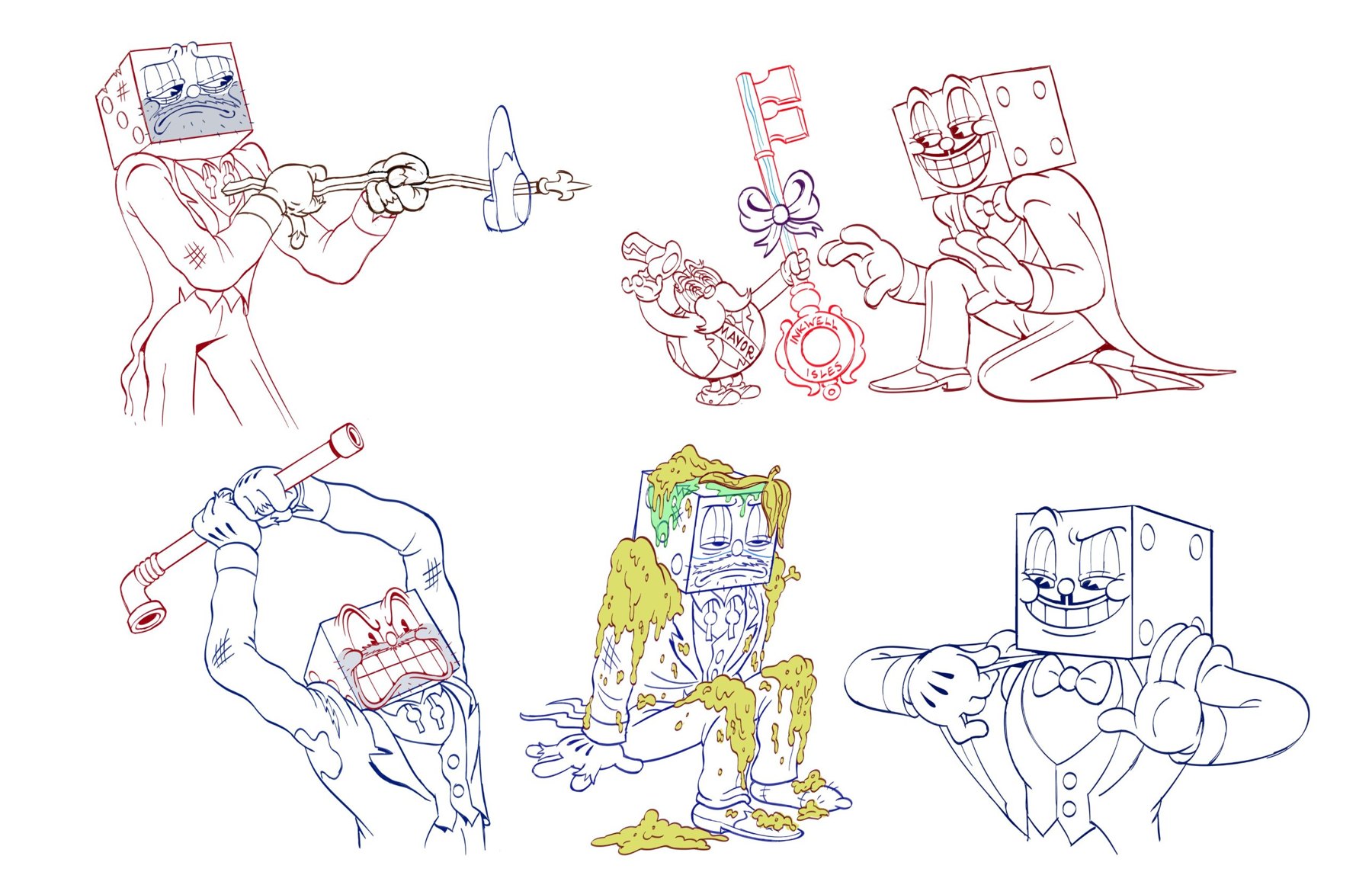 King Dice with an axe, a key to Inkwell Isles, a pipe wrench, and covered in slime