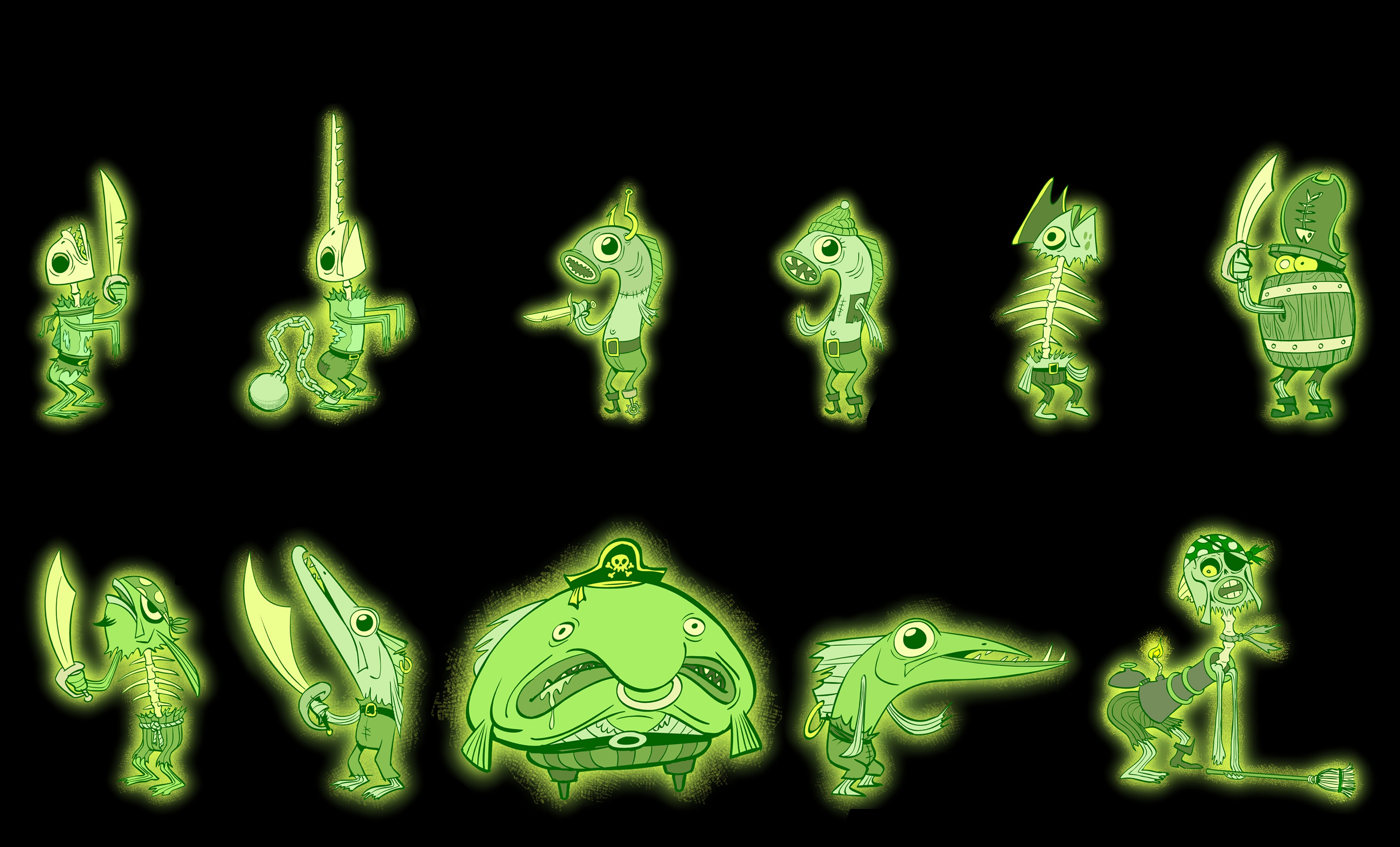 Lineup of eleven glowing green ghost pirate fish, with a bloated captain in a skull-and-crossbones hat at the center