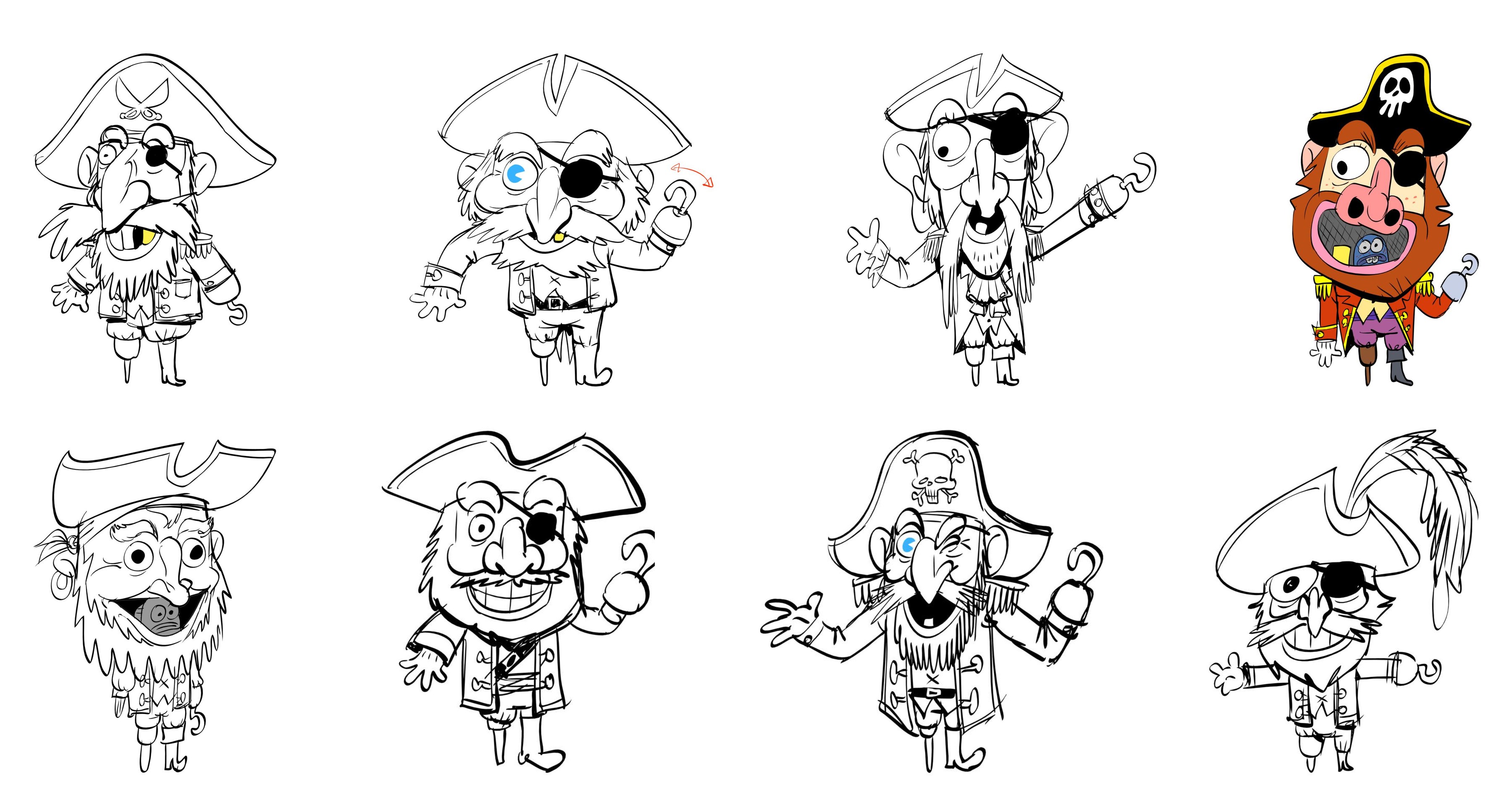 Eight pirate captain sketches: tricorn hats, eye patches, hooks and peg legs, one in full color with a tiny fish in his mouth