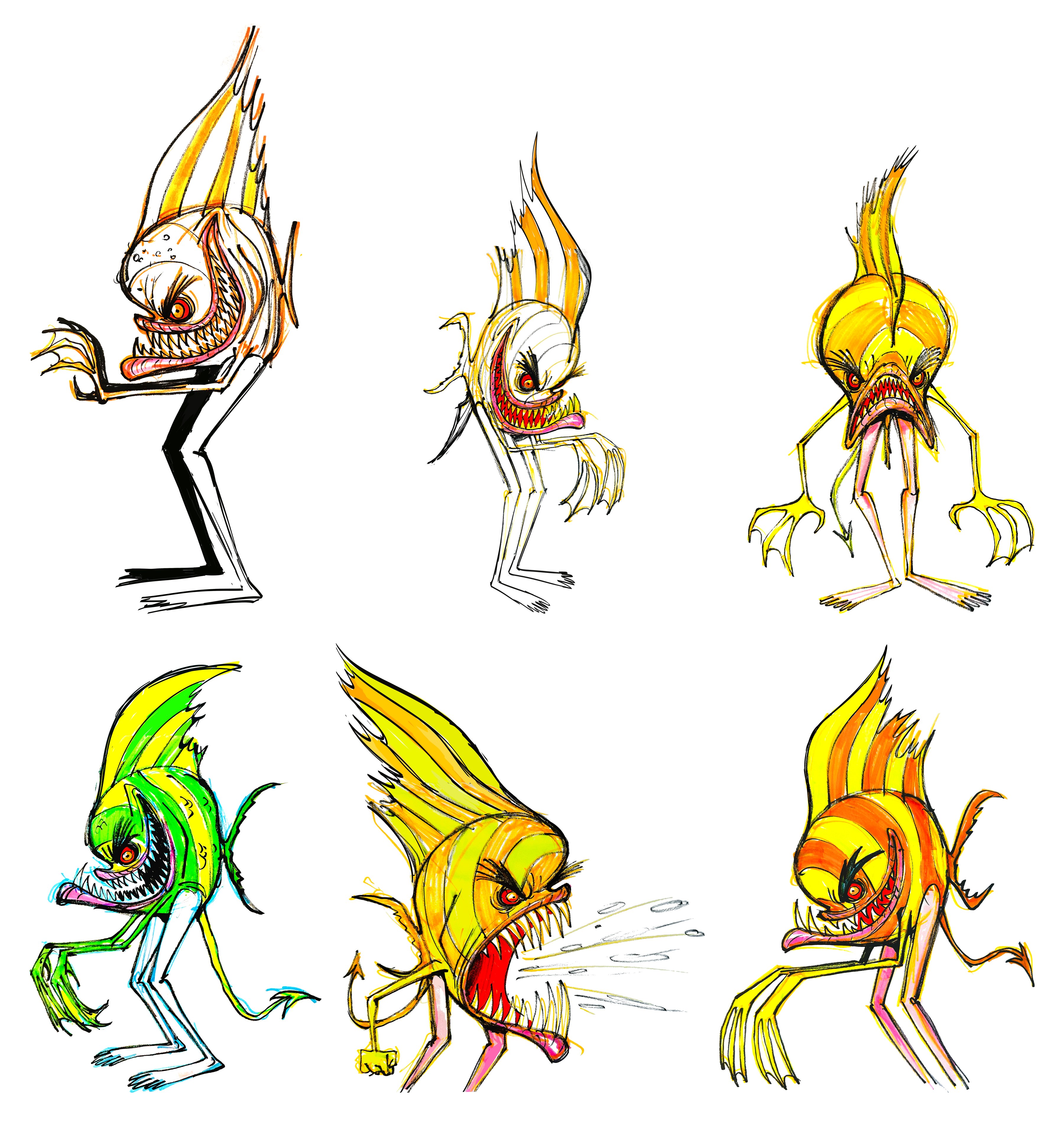 Six marker sketches of spindly-legged monster fish with flaming fins, needle teeth and red eyes, one spitting water