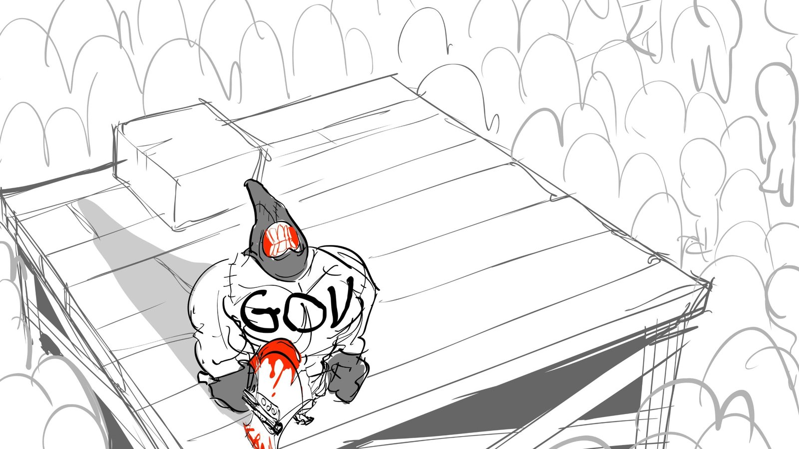 Board: a hooded executioner marked GOV stands on a scaffold above the crowd