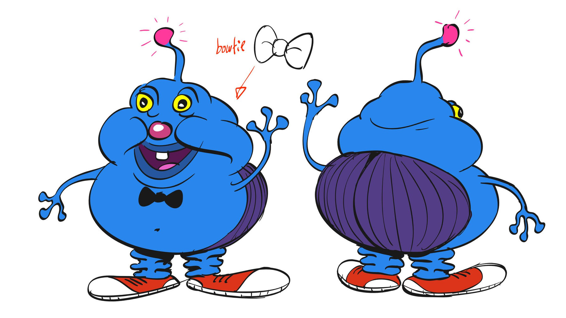 Front and back of a round blue creature with antennae, a bow tie and red sneakers