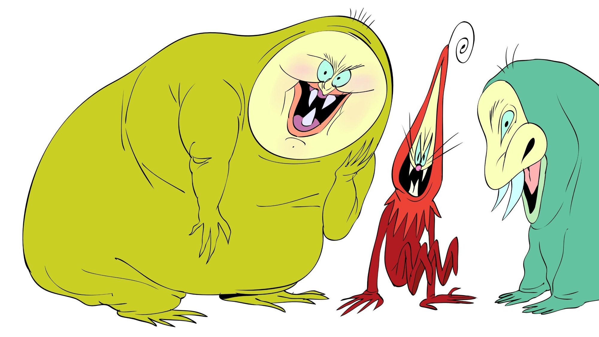A huge yellow-green blob, a tiny red spiral-headed creature and a teal walrus-faced creature, all grinning