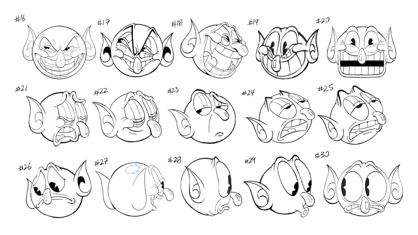 Devil expression sheet, numbers 16 to 30