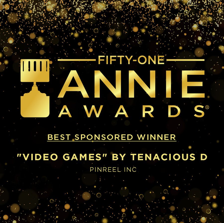 51st Annie Awards card: Best Sponsored winner, Video Games by Tenacious D, Pinreel Inc.