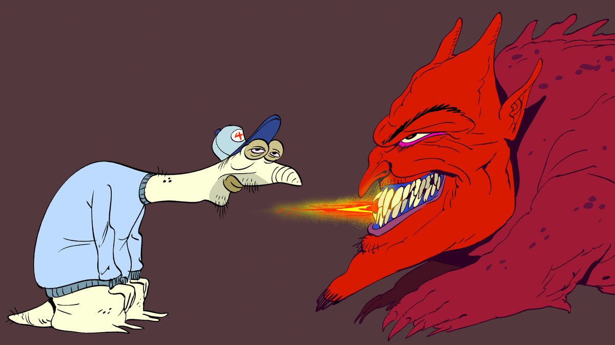 A droopy man in a ball cap gets breathed on by a fire-spitting red devil
