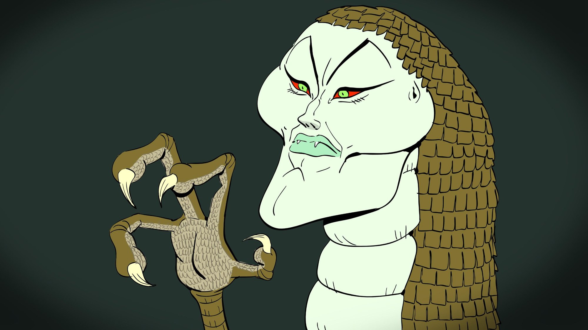 A pale, green-lipped woman with a long scaly braid beside a clawed hand, against dark green
