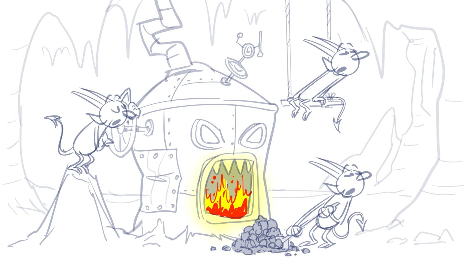 Three imps stoke a riveted furnace with coal