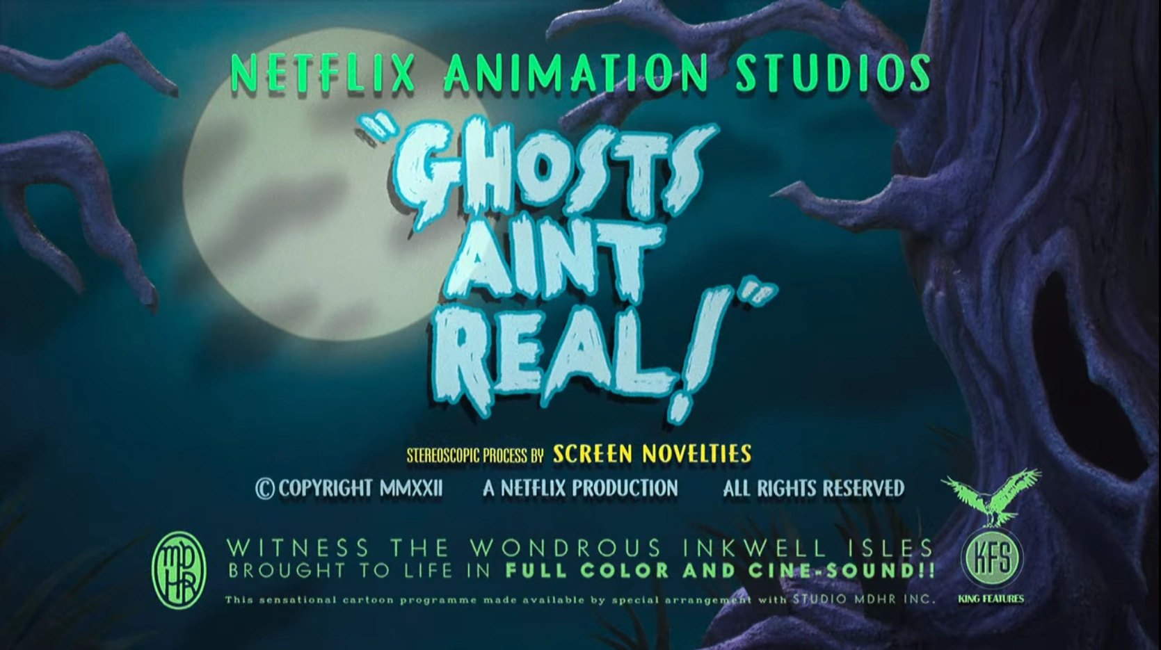 Title card for Ghosts Ain’t Real, under a full moon beside a gnarled tree