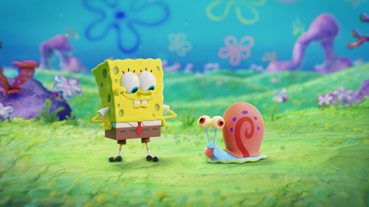 SpongeBob and Gary, cheerful, in a sunny meadow of coral flowers