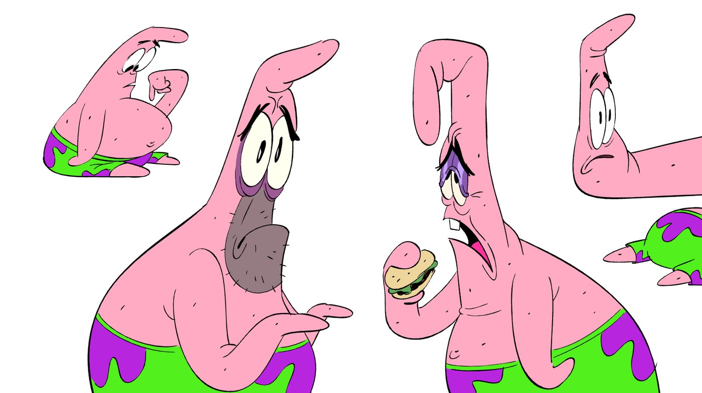 Patrick expression sheet: bruised, stubbly, eating a Krabby Patty