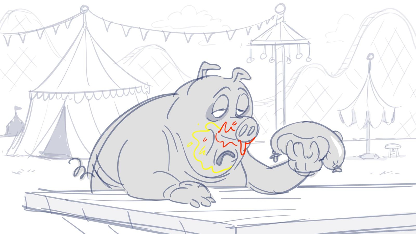 A queasy pig at a carnival stand, mustard and ketchup on his face, holding a sausage
