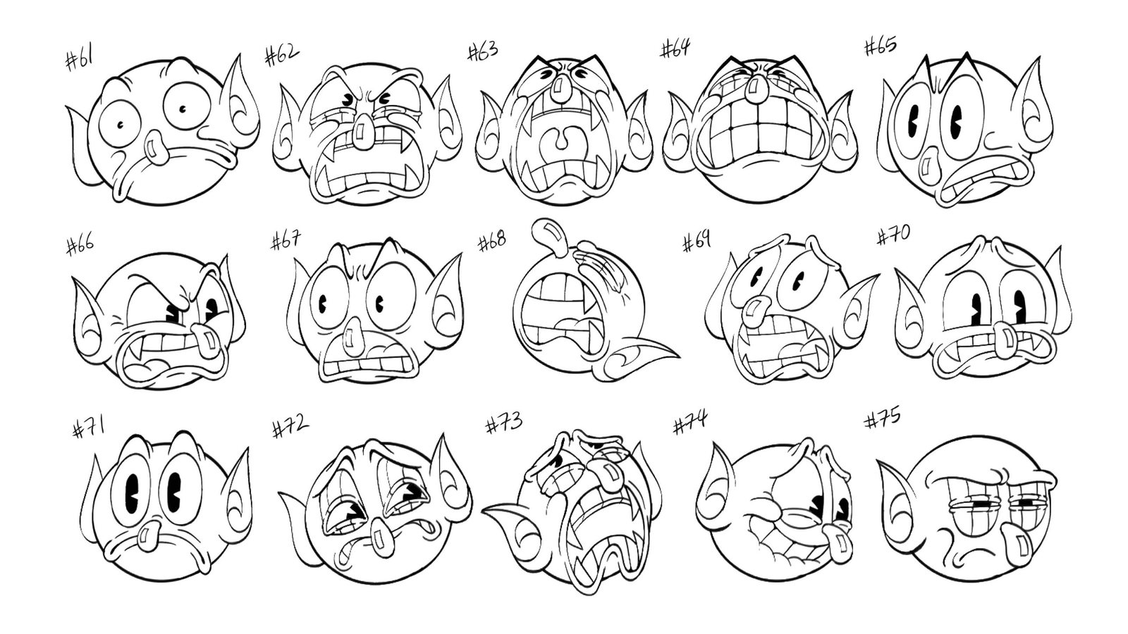 Devil expression sheet, numbers 61 to 75
