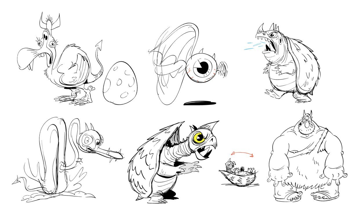 Sheet of demon designs: a lanky beaked creature, a winged eyeball, a hunched owl-monster, a hulking brute