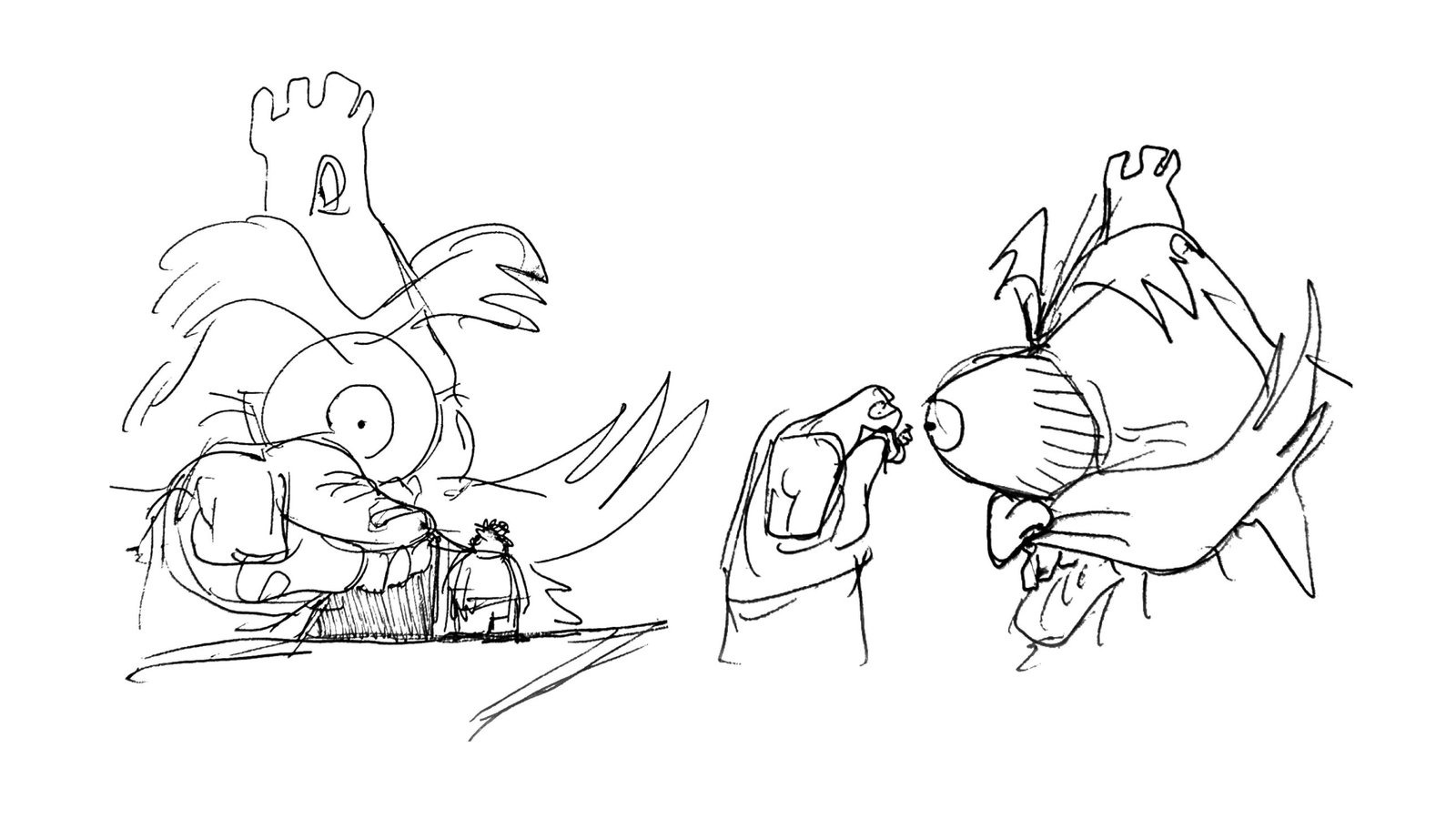 Sketches: Mt. King picks up the tiny Paddy and peers at him